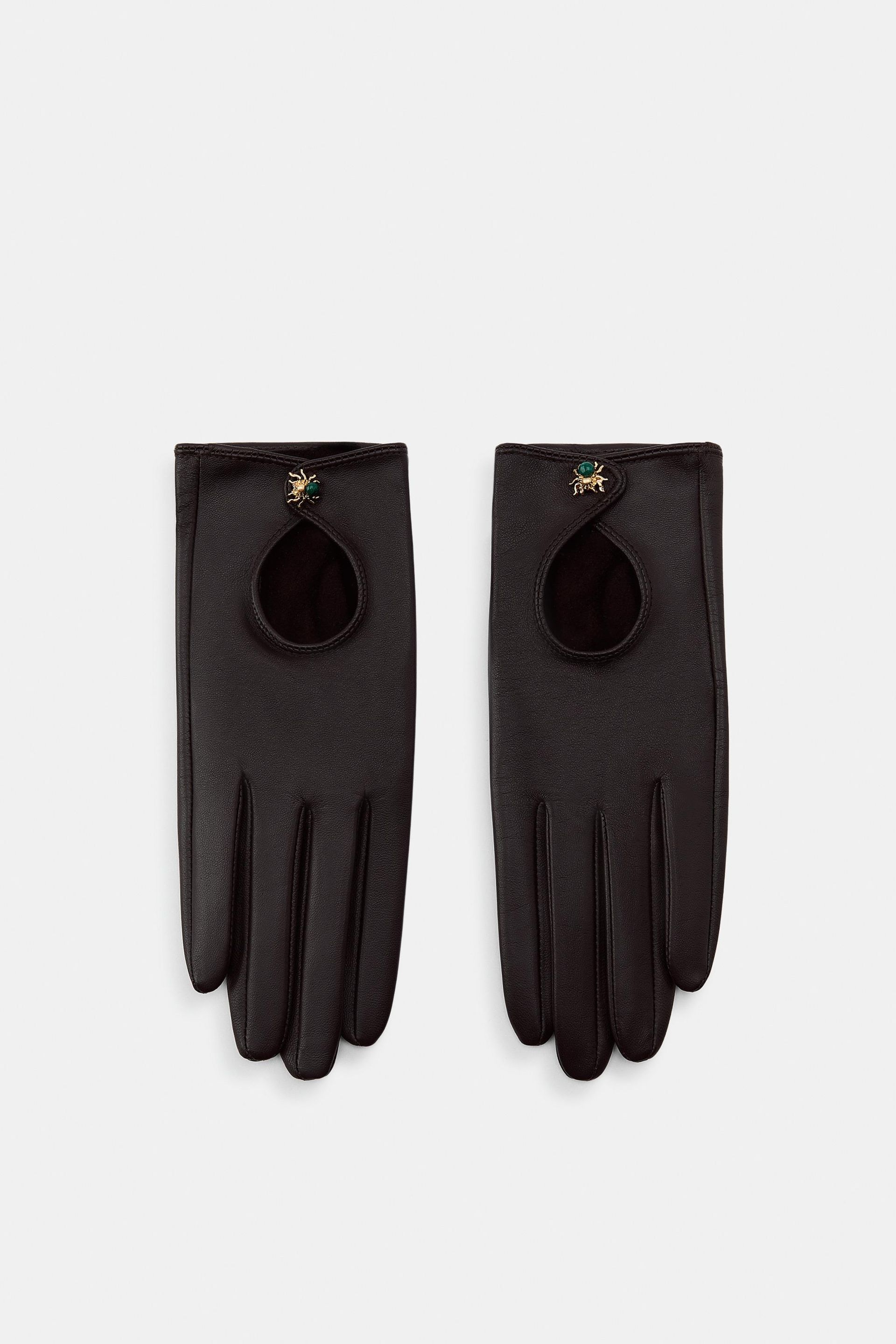 100% Leather Short Gloves With Spider Detail