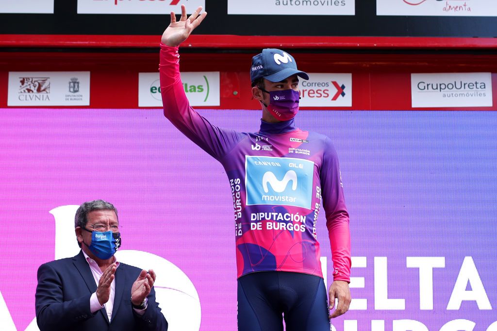 BRIVIESCA SPAIN AUGUST 04 Gonzalo Serrano of Spain and Movistar Team Purple Leader Jersey celebrates at podium during the 43rd Vuelta a Burgos 2021 Stage 2 a 175km stage from Tardajos to Briviesca VueltaBurgos BurgosCycling CapitalMundialdelCiclismo on August 04 2021 in Briviesca Spain Photo by Gonzalo Arroyo MorenoGetty Images