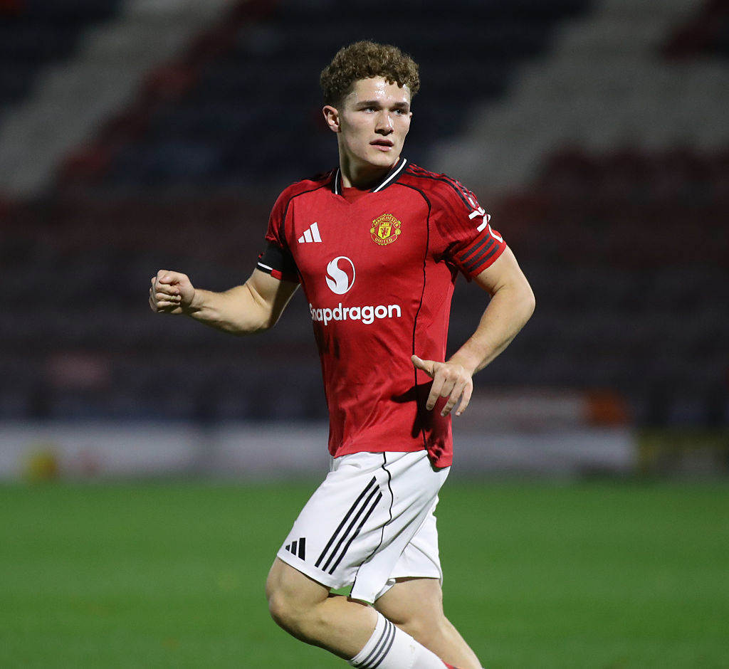 ROCHDALE, ENGLAND - OCTOBER 28: Manchester United FC U21&amp;amp;apos;s captain Jacob Devaney during the National League Cup Group A match between Rochdale and Manchester United U21 at Spotland Stadium on October 28, 2025 in Rochdale, England. (Photo by Harry McGuire - Camerasport via Getty Images)