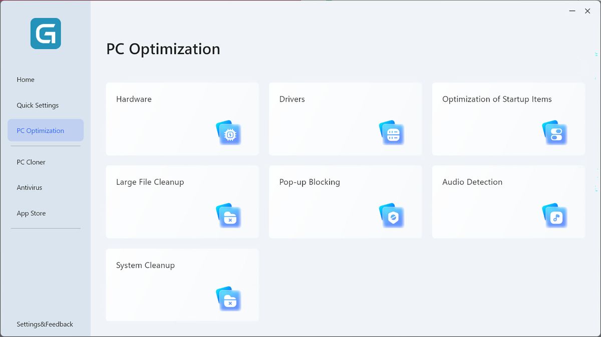 A screenshot of Geekom PC Manager's PC Optimization tab, showing menus for hardware, drivers, startup apps, pop-up blocking, large-file cleanup, audio detection, and system cleanup.