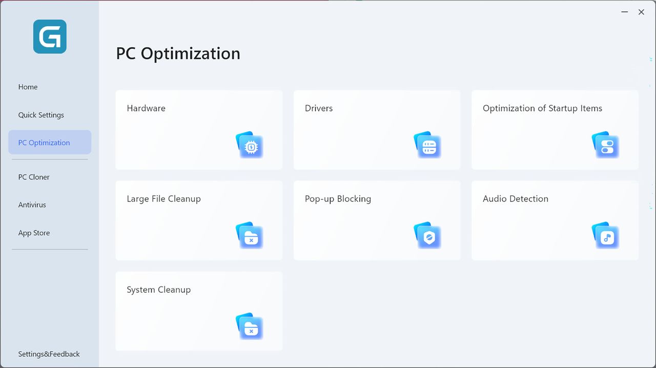 A screenshot of Geekom PC Manager's PC Optimization tab, showing menus for hardware, drivers, startup apps, pop-up blocking, large-file cleanup, audio detection, and system cleanup.