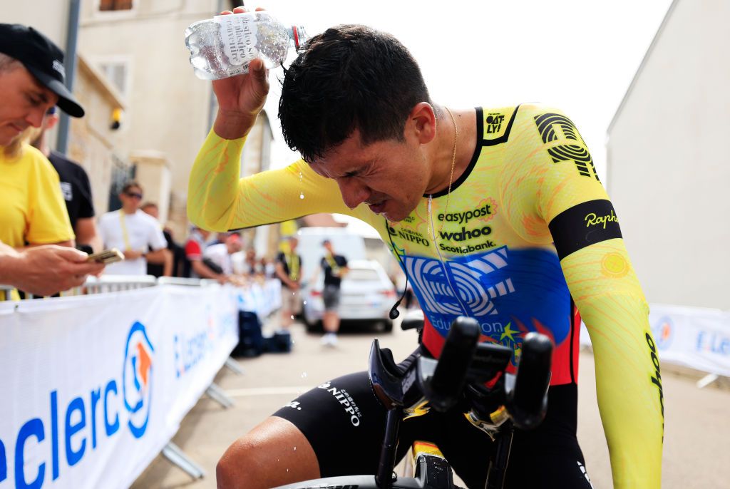 GEVREYCHAMBERTIN FRANCE JULY 05 Richard Carapaz of Ecuador and Team EF Education EasyPost reacts after the 111th Tour de France 2024 Stage 7 a 253km individual time trial stage from NuitsSaintGeorges to GevreyChambertin UCIWT on July 05 2024 in GevreyChambertin France Photo by Guillaume Horcajuelo PoolGetty Images