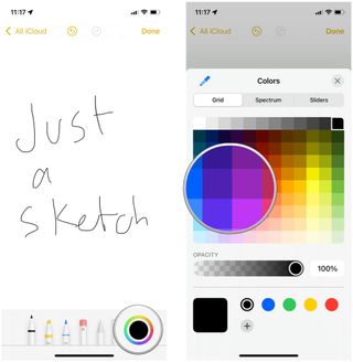 How to select colors in Notes sketch pad for iPhone and iPad by showing: Tap the Color Picker, select a color you want to use
