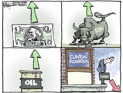 Political cartoon U.S. Donald Trump rising economy Hillary Clinton donor