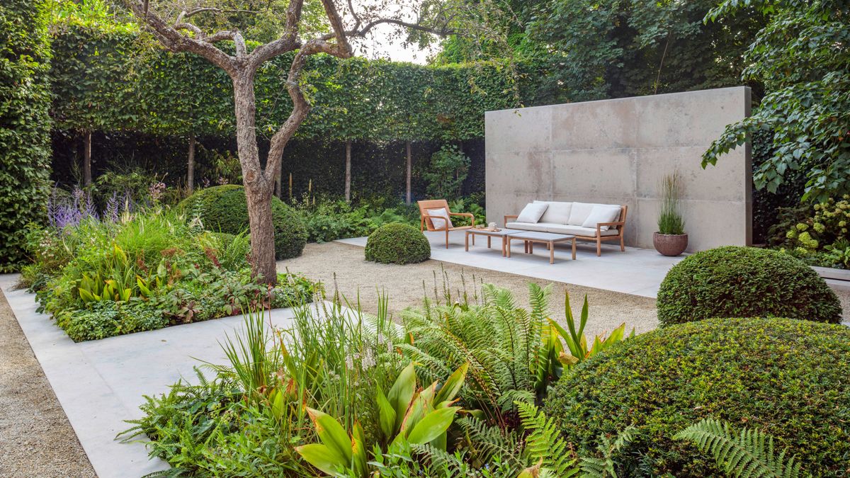 A minimalist city garden of outdoor rooms with modern topiary