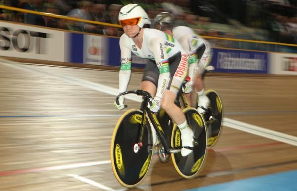 Meares leads out in the team sprint final.