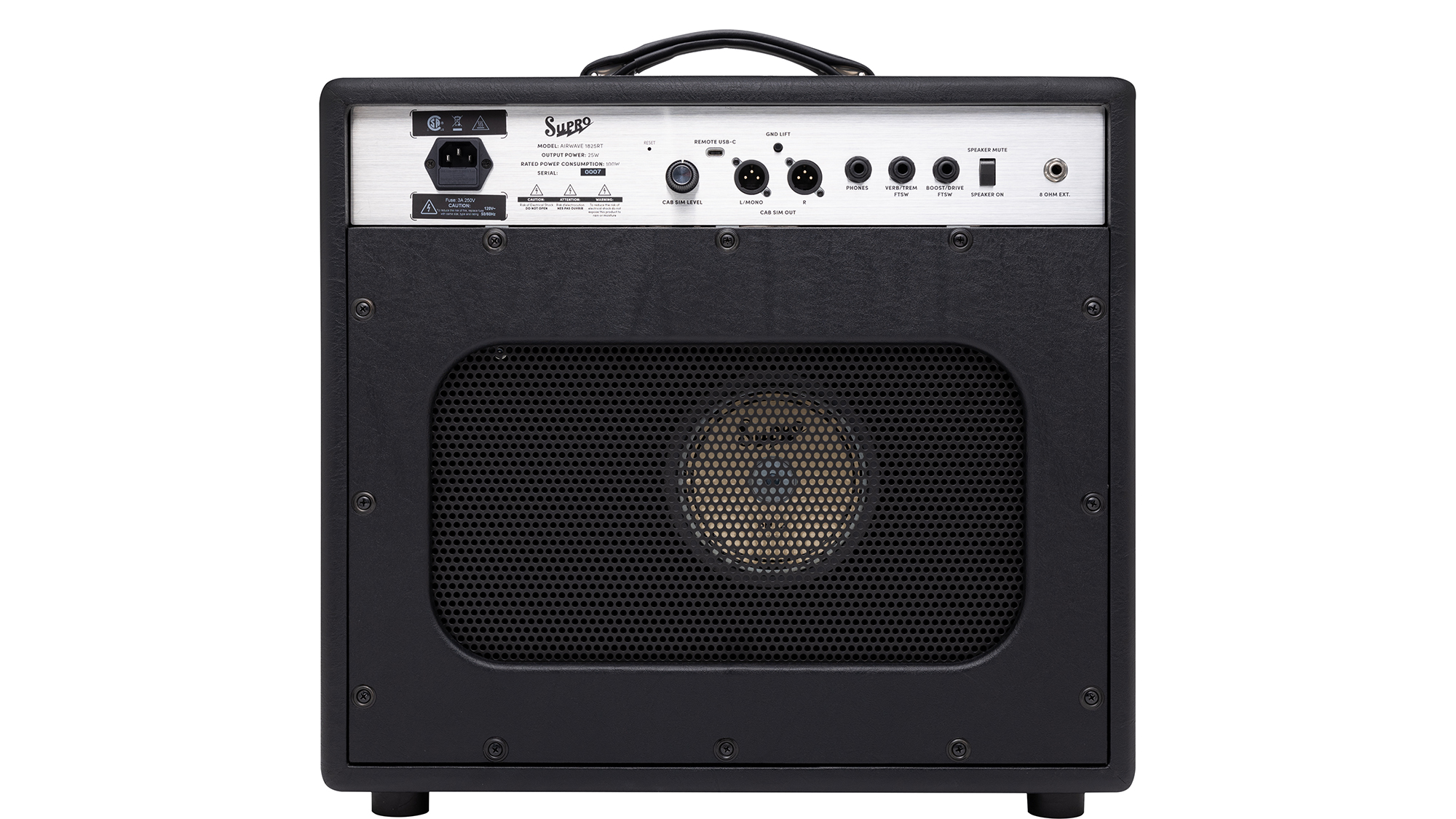 A photo showing the back of the Supro Airwave 1x12 combo