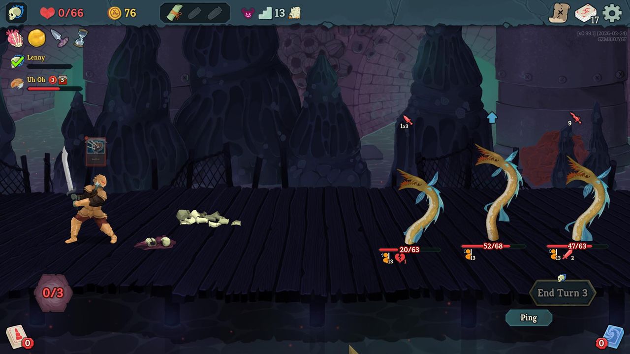 Slay the Spire 2 multiplayer battle with The Silent player on the ground dead while the Ironclad keeps fighting