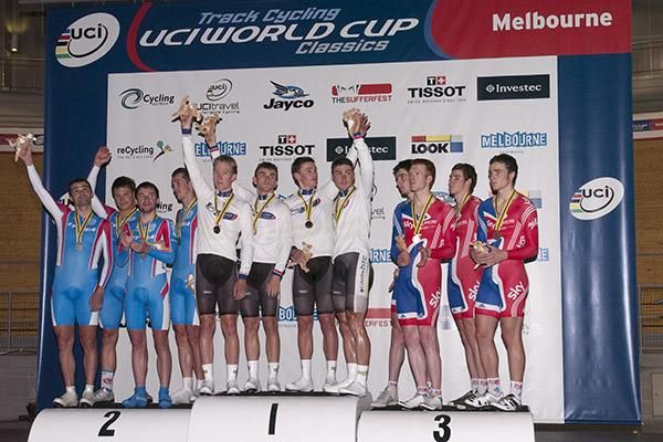 The men's pursuit podium (l-r): Russia (2nd), Australia (1st), and Great Britain (3rd).