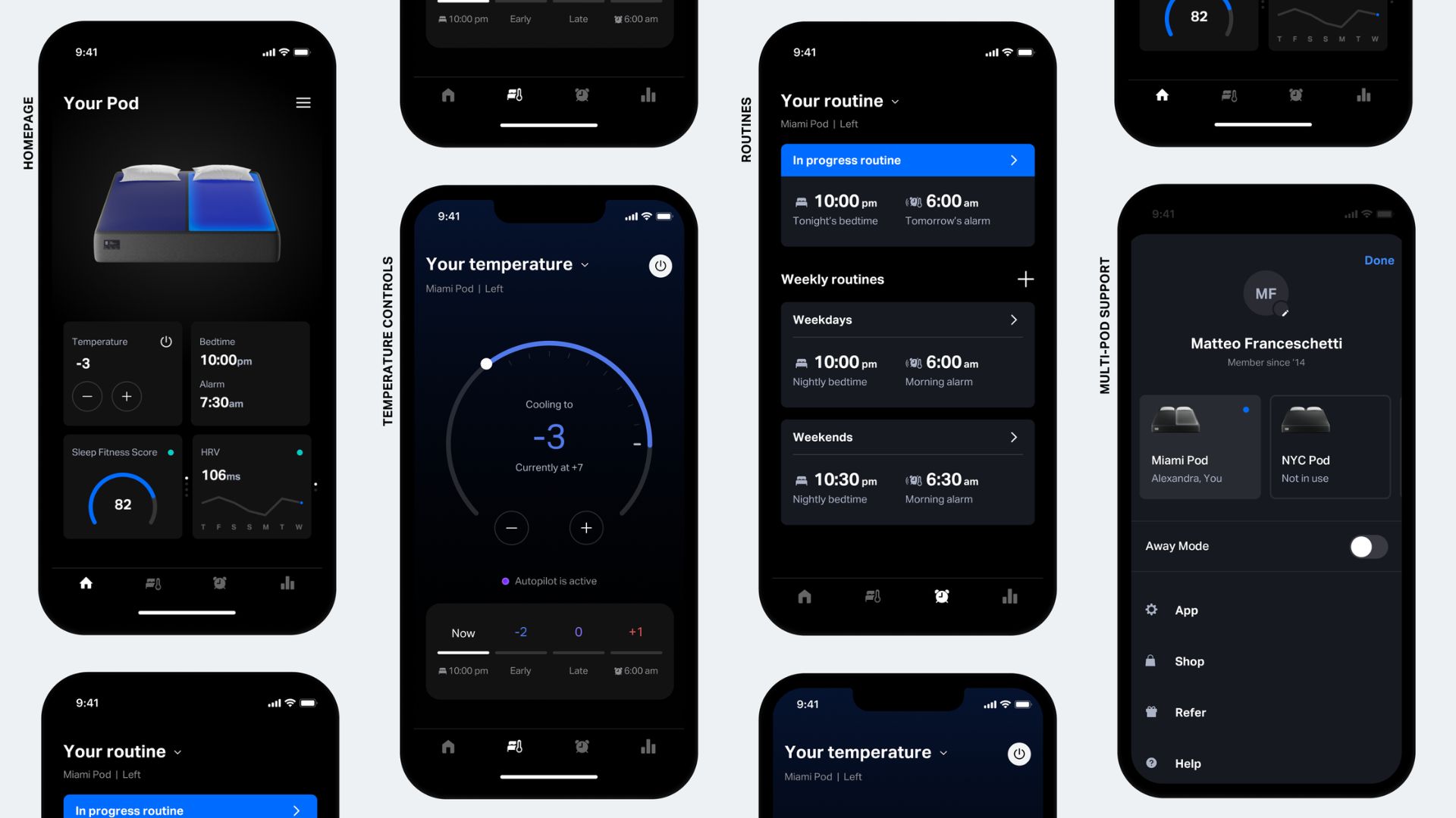 Multiple phones showing the Eight Sleep app being used with different sleep insights