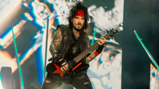 Nikki Sixx of Motley Crue performing during a concert between Def Leppard and Motley Crue bands, at Estadio Banorte on February 21, 2023 in Monterrey, Mexico