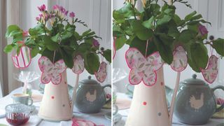Flowers in a vase decorated with fabric decorations to create an alternative Easter tree idea