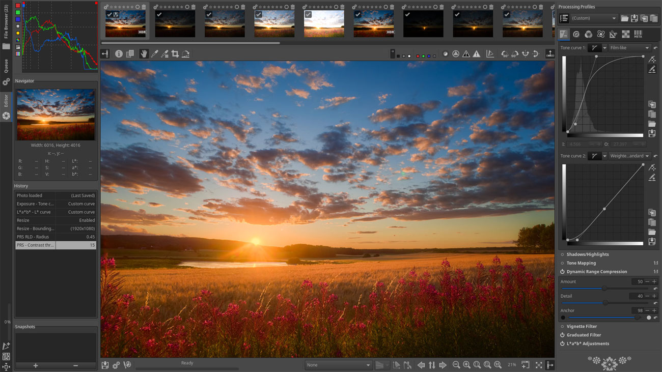 Best graphic design software: RawTherapee screenshot featuring sunset image