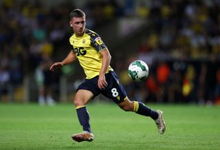 Cameron Brannagan of Oxford United during the Carabao Cup First Round match between Oxford United and Swansea City at Kassam Stadium on August 09, 2022 in Oxford, England. (Photo by Catherine Ivill/Getty Images)