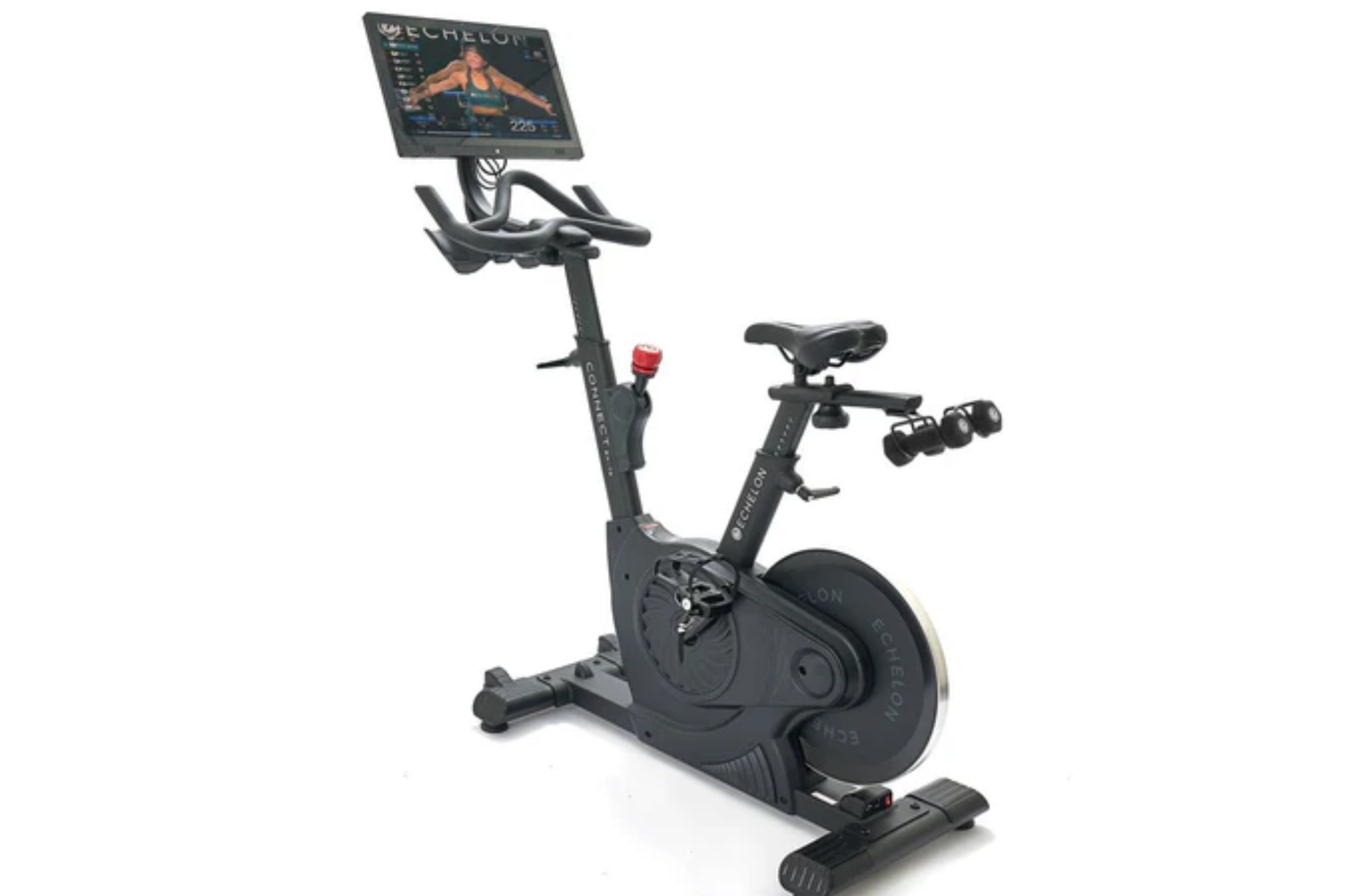 The Echelon EX 7-S bike shown in full with a white woman on the screen close-up and two dumbbells mounted in racks on the back of the bike.