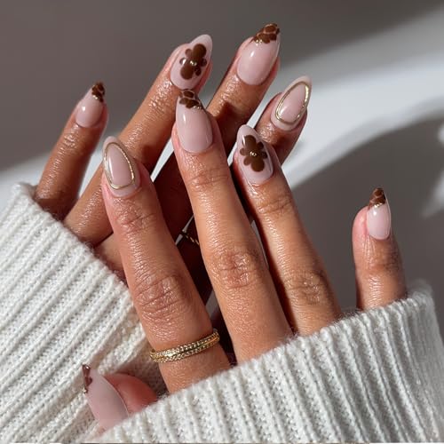 Glamnetic Press on Nails - Short Almond Fake Nails With Floral Designs, Gold Foil, Glossy Finish | Salon Quality Summer Nails | Sunbaked | 15 Sizes - 30 Nail Kit With Glue