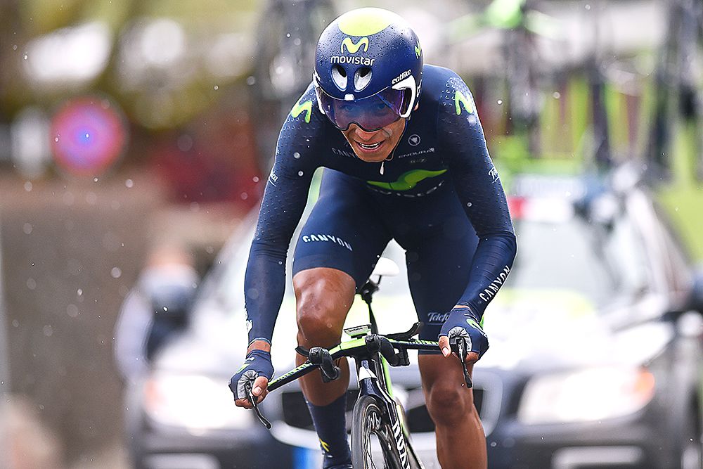 Snowflakes fall while Nairo Quintana rides the Tour de Romandie prologue