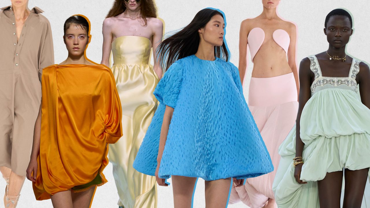 A graphic of the spring 2025 color trends of mocha mousse, tangerine, sunbeam, azure, pale pink, and linchen at Fendi, Dries Van Noten, Prada, Loewe, Aläia, Chloé Spring 2025 runway shows