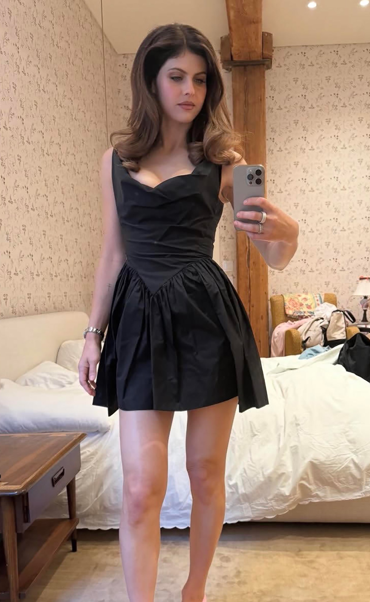 Alexandra Daddario shows off her brilliant Vivienne Westwood LBD in New York this weekend. She has on rings and a bracelet.