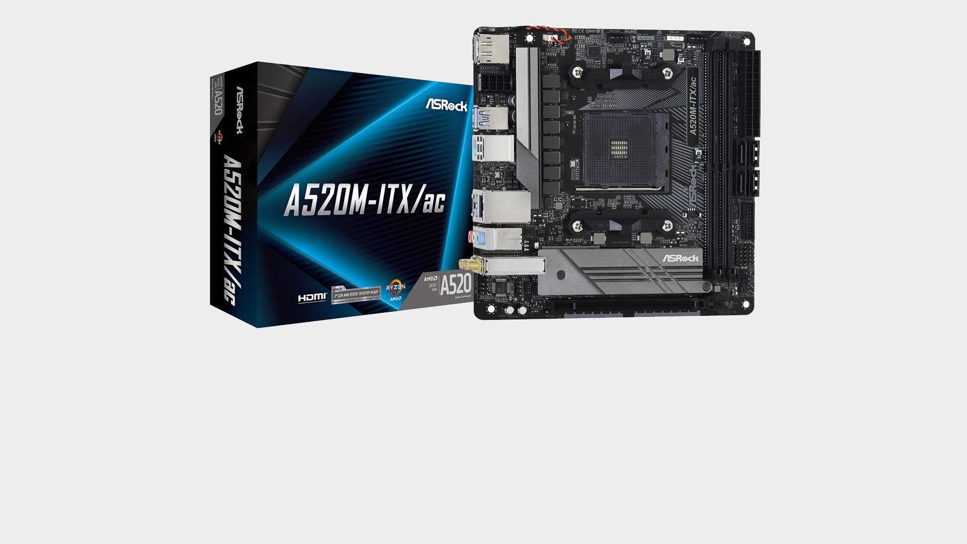 ASRock A520M ITX/ac with box on grey