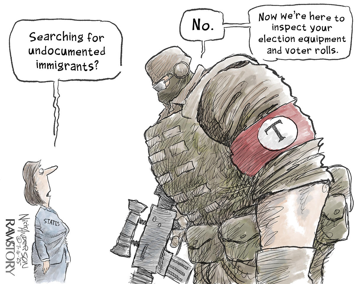 This cartoon is dominated by the image of an imposing armed figure dressed in combat gear with a “T” armband. A smaller woman is labeled “STATES” and says to the man, “Searching for undocumented immigrants?” The man responds, “No. Now we’re here to inspect your election equipment and voter rolls.”