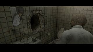 Henry looking at a hole in his bathroom wall in Silent Hill 4.