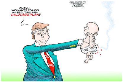Political cartoon U.S. Donald Trump 2016 election child care plan