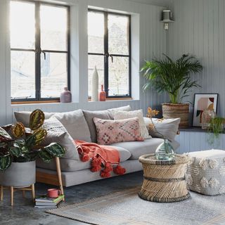 living room with white wall grey sofa with cushions and plant
