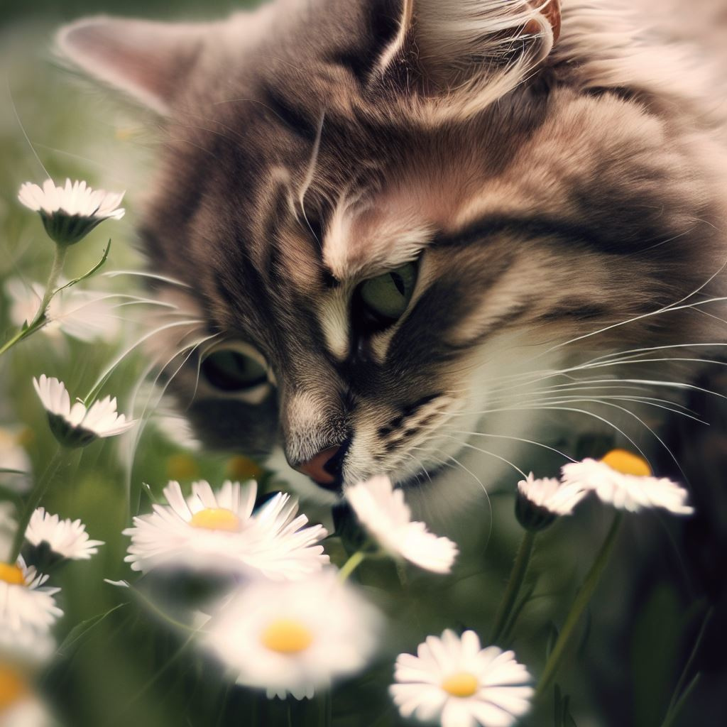 AI generated image of cat picking daisies.