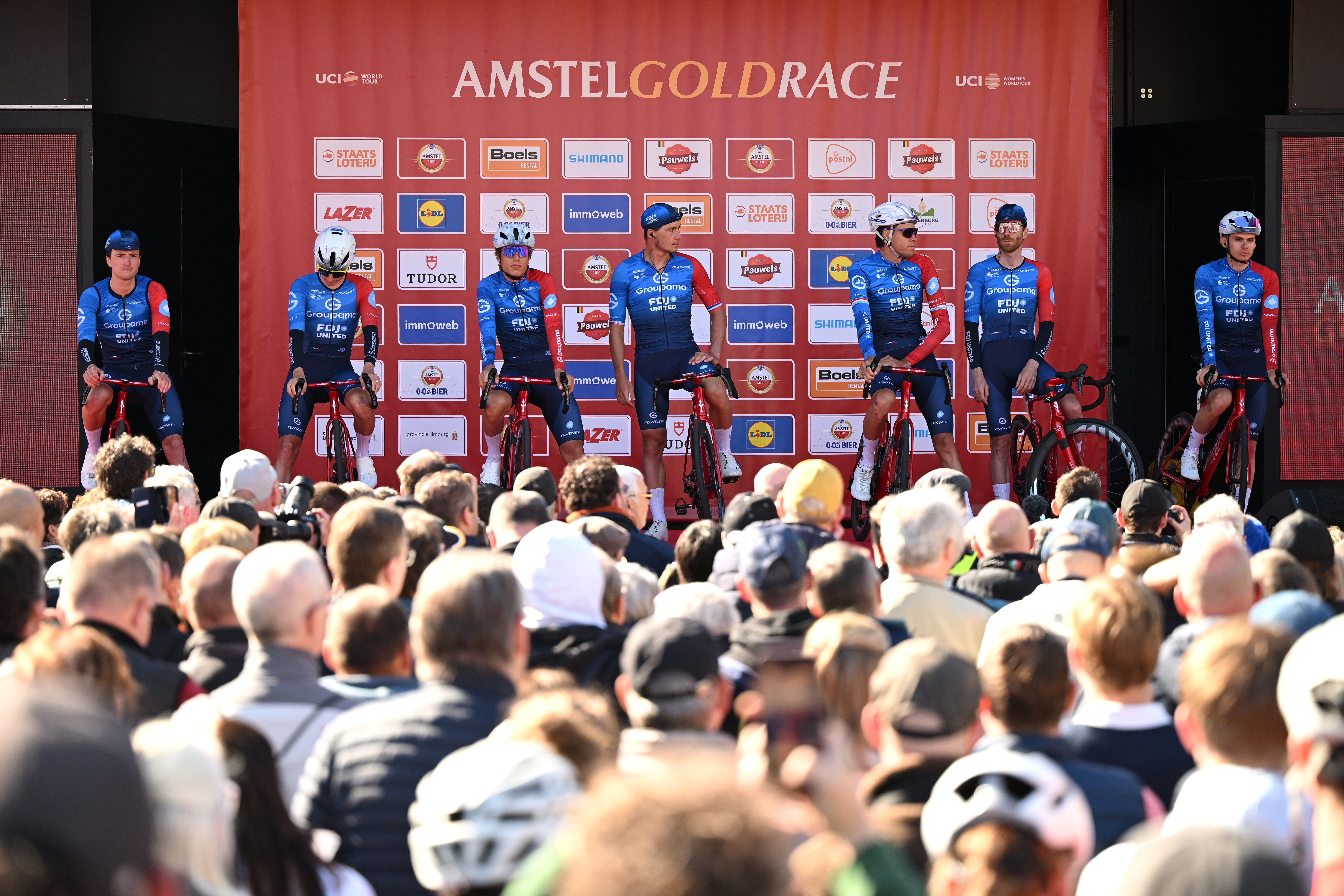 MAASTRICHT, NETHERLANDS - APRIL 19: Romain Gregoire of France, Ewen Costiou of France, Kevin Geniets of Luxembourg, Lorenzo Germani of Italy, Valentin Madouas of France, Quentin Pacher of France, Enzo Paleni of France and Team Groupama - FDJ United prior to the 60th Amstel Gold Race 2026 - Men&amp;amp;apos;s Elite a 257.2km one day race from Maastricht to Valkenburg / #UCIWT / on April 19, 2026 in Maastricht, Netherlands. (Photo by Dario Belingheri/Getty Images)