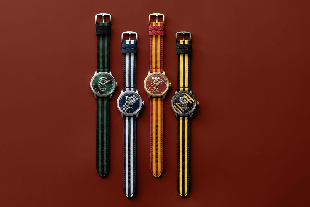 The Harry Potter x Fossil Nylon watch collection, on a red background