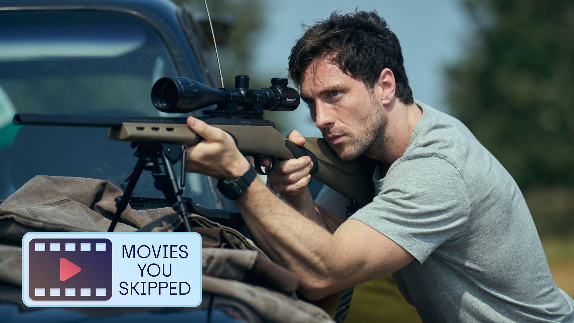 Aaron Taylor-Johnson as Major Will Tranter in "Fuze" with a "Moves You Skipped" badge