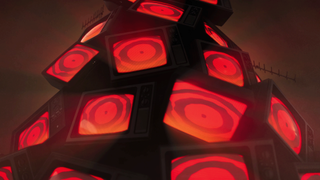A pile of ominous TVs, glowing red.