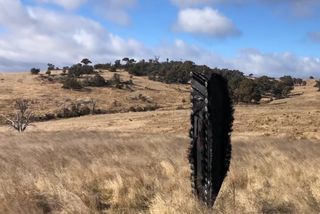A piece of burnt space debris sits upright in a field.