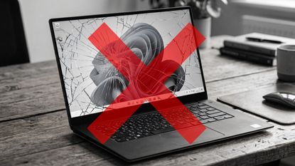 A greyscale laptop showing a Windows 11 screen with a red cross on it