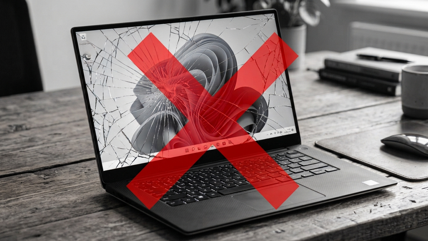 A greyscale laptop showing a Windows 11 screen with a red cross on it