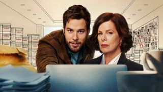 Skylar Astin as Todd and Marcia Gay Harden as Margaret in So Help Me Todd looking at a computer monitor and surrounded by evidence boxes