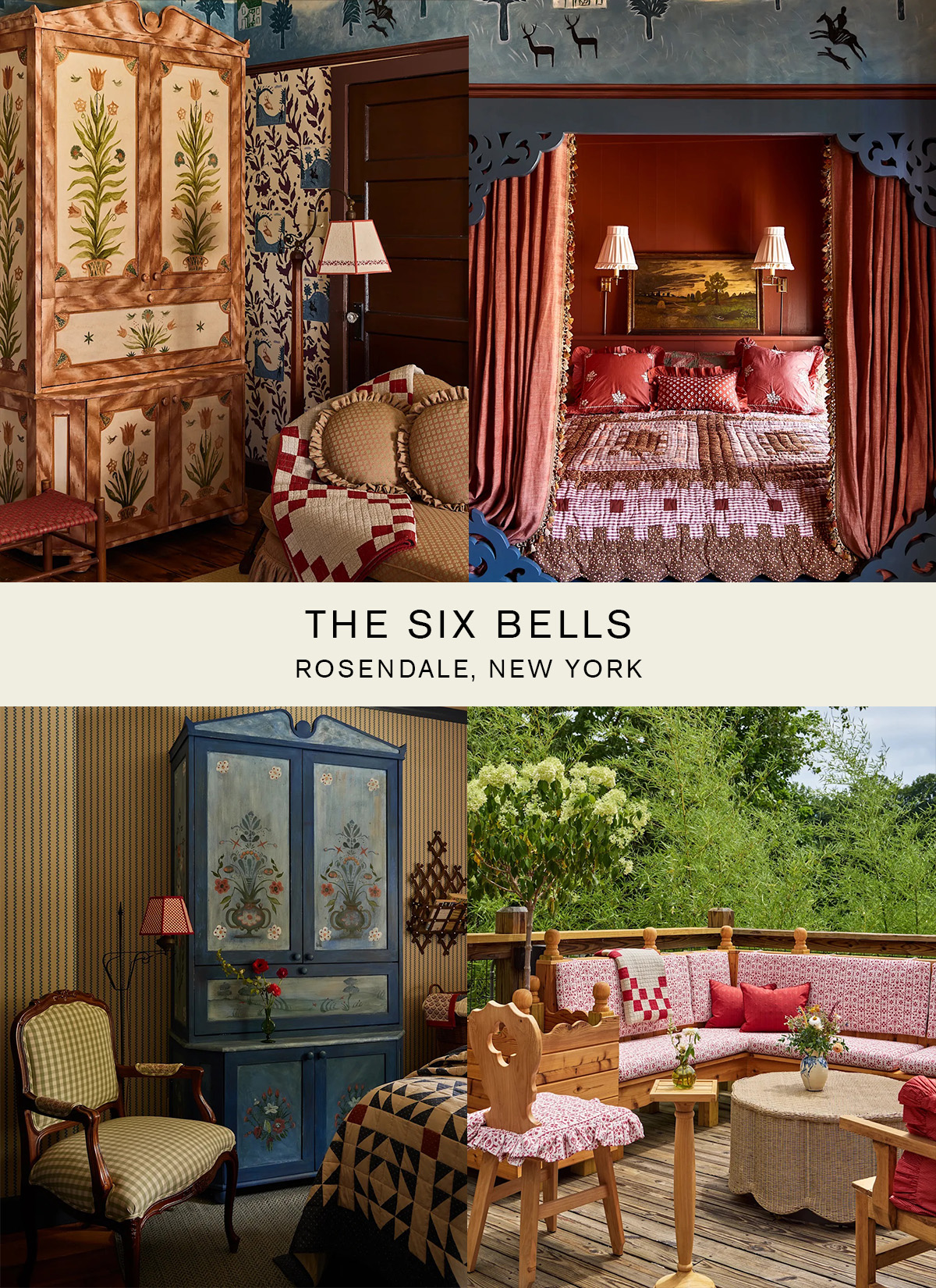 Collage featuring countryside hotel The Six Bells outside of New York.
