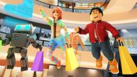 Roblox - three types of virtual avatars holding shopping bags, floating in a mall
