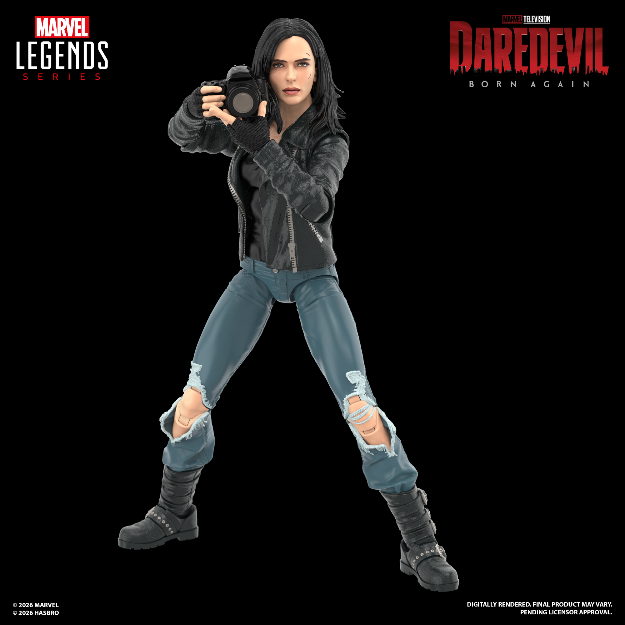 Marvel Legends Jessica Jones using an SLR camera against a dark background, with multiple logos visible in frame