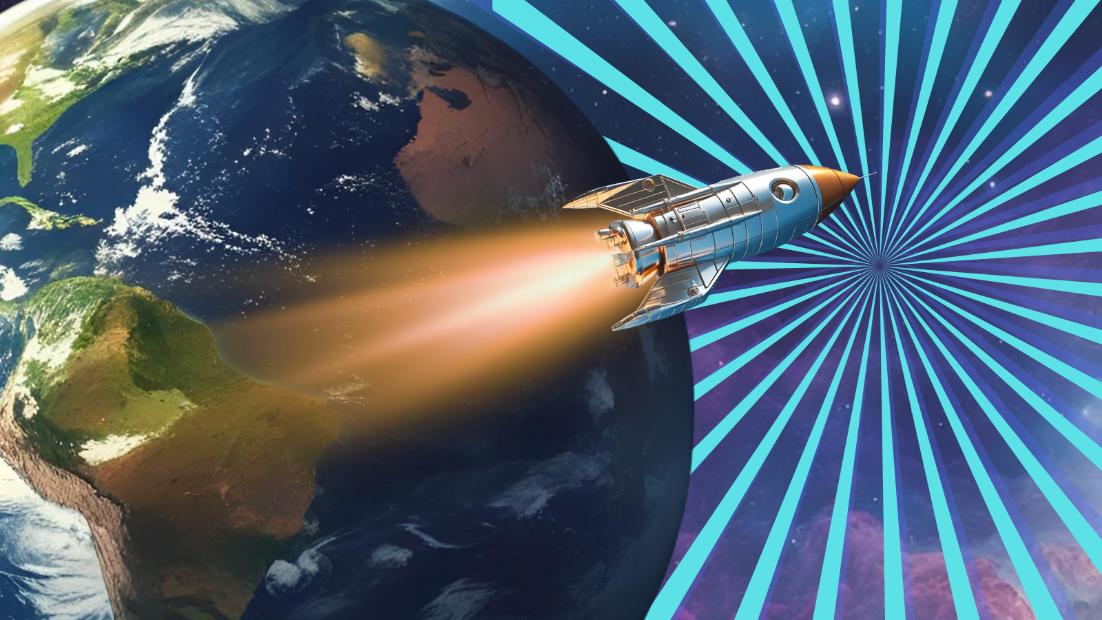 An illustration of a rocket ship headed towards a pinwheel of blue lines