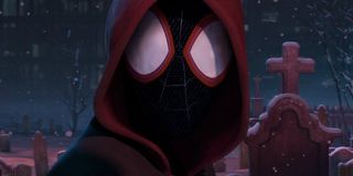 Spider-Man with a hood on in Spider-Man: Into the Spider-Verse