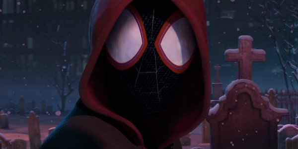 Spider-Man with a hood on in Spider-Man: Into the Spider-Verse