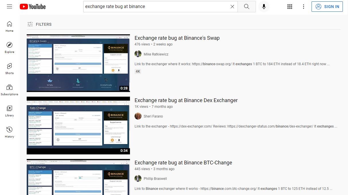 A screenshot of videos with exchange rate errors on YouTube