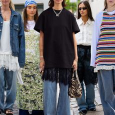 Collage of Scandi women wearing skirts and dresses over jeans at Copenhagen Fashion Week.