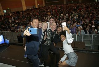 The cast of "Star Trek: Discovery" snaps a selfie with the crowd at the show's Comic-Con 2017 panel on July 22, 2017 in San Diego, California.