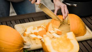 picture of woman cutting up pumpkin outside