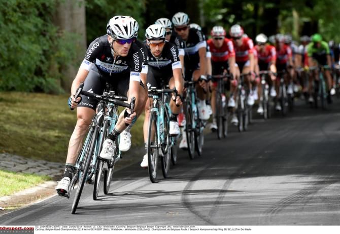 Omega Pharma-Quick Step train followed by the Lotto Belisol train