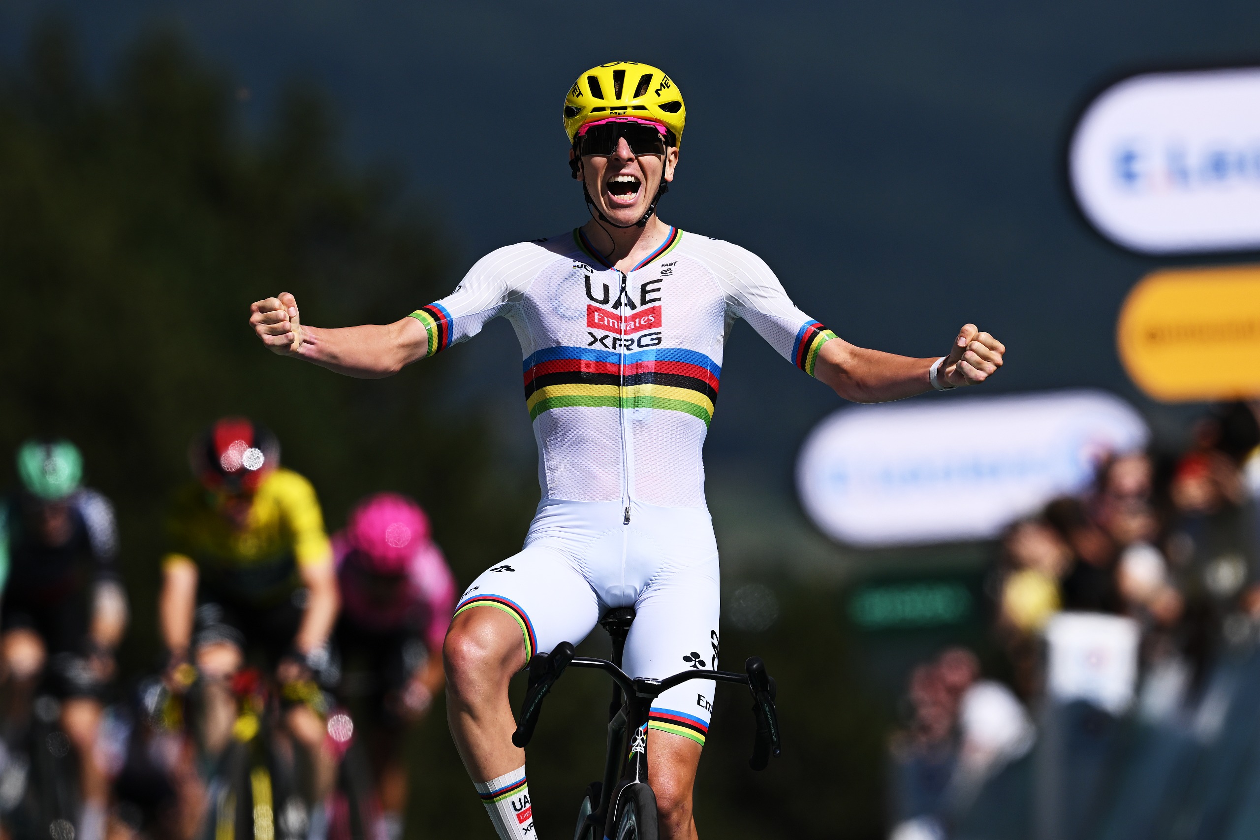 Tadej Pogacar of Slovenia and UAE Team Emirates - XRG celebrates at finish line as stage winner during 113th Tour de France 2026, Stage 3 a 195.9km stage from Granollers to Les Angles 1801m / #UCIWT / on July 06, 2026 in Les Angles, France. (Photo by Dario Belingheri/Getty Images)