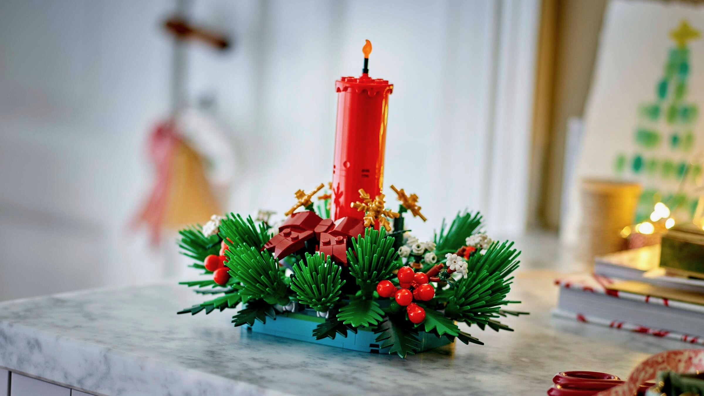 Lego Christmas Table Decoration set with a candle in the middle of a wreath